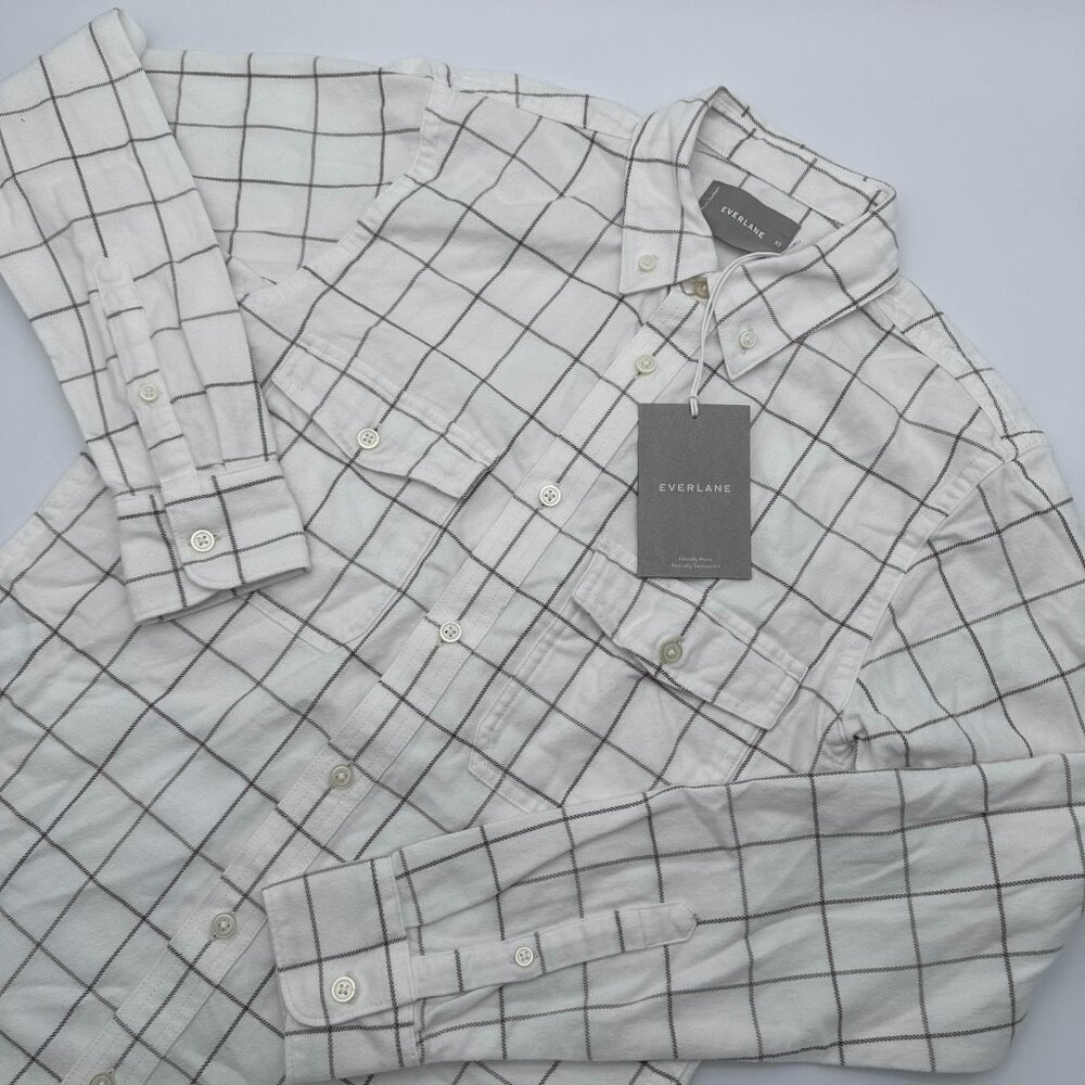 Everlane The Brushed Flannel Windowpane Pocket Button Down Shirt, Size XS, White